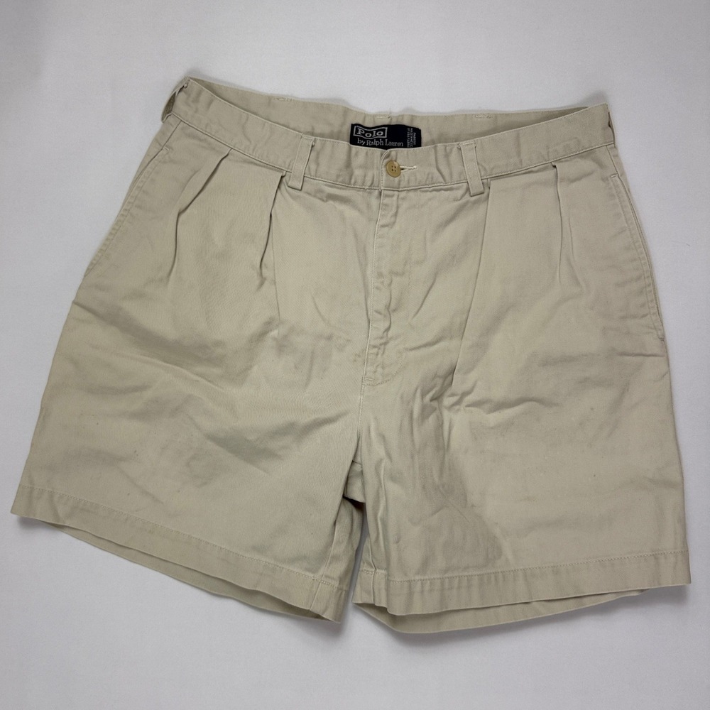 Vintage Polo Ralph Lauren Mens Chino Shorts Tan Khaki Pleated Y2K Size 33
